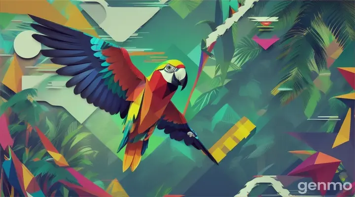 Stylized parrot taking flight from a triangular jungle in bold graphic shapes with vibrant neons