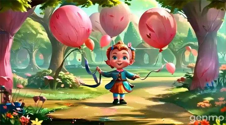 a little girl holding two pink balloons in a forest