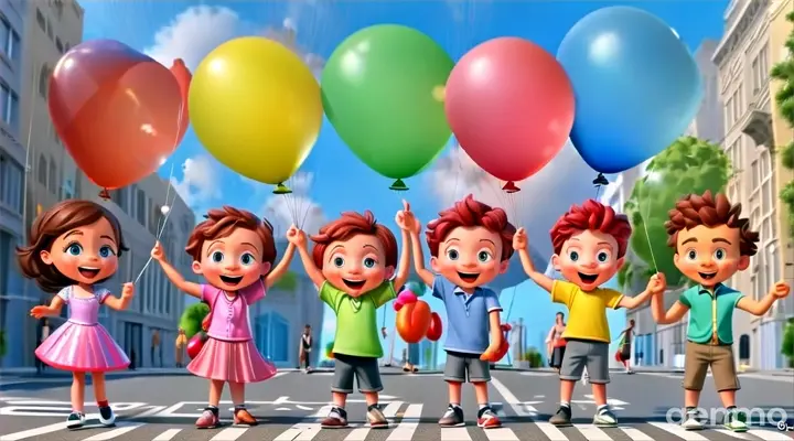 a group of people standing on a street with balloons