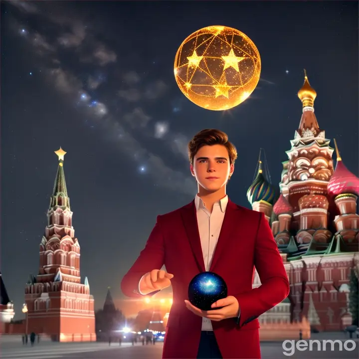 Ночной город. Красная площадь москва. Ночное небо звездопад. На ладони у красивого молодого мужчины лежит красивая небесная звезда кинематографический стиль. Студийное видео. Профессиональное видео 