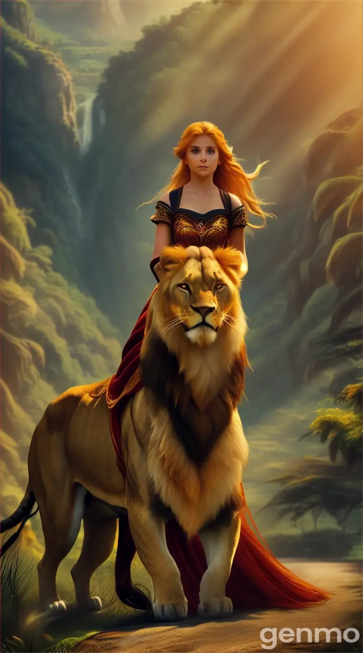 A girl is sitting on a lion and the lion is running 