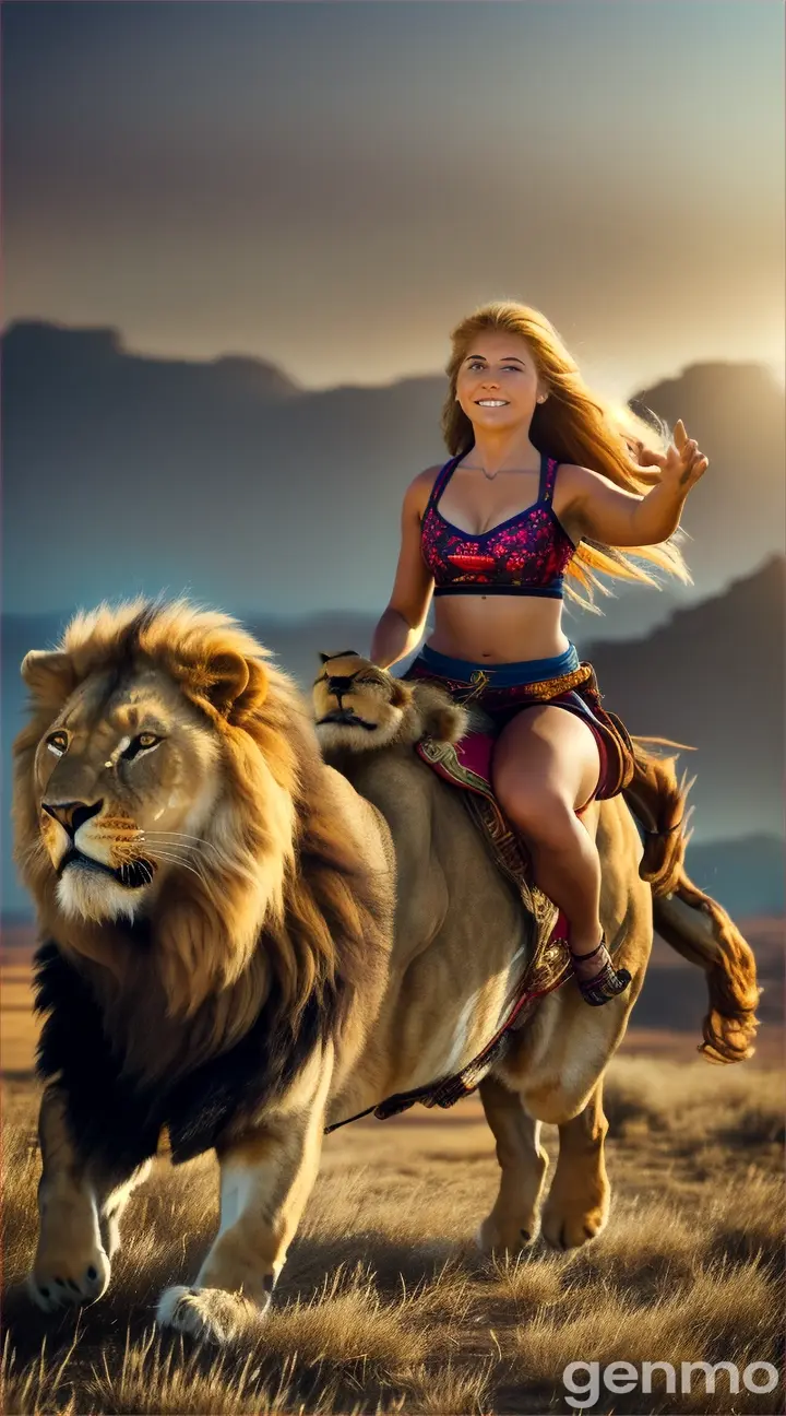 A girl is sitting on a lion and the lion is running 