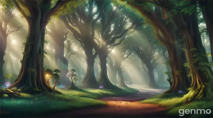 A deep, mystical forest filled with vibrant, magical flora and fauna.
The trees are tall and ancient, with glowing plants and small, mythical creatures peeking from behind the leaves.
There are strange footprints and glowing eyes in the shadows, adding a sense of mystery and suspense.
in pixar animation