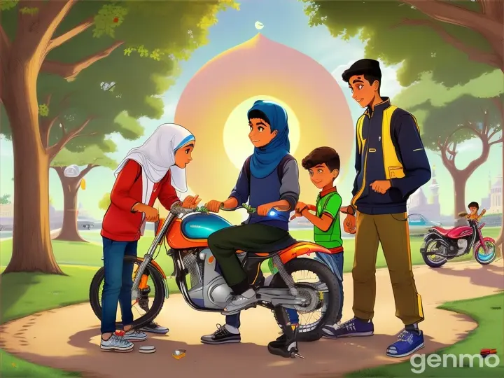 2 muslim little boys and a Muslim girl fixing a broken motor bike  in the park cartoon image 