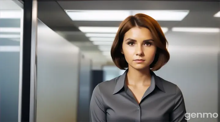 at 21st floor, inside the office, a woman with shoulder-length Bob brown Hair in grey long sleeve blouse shirt standing at the office door looking at something