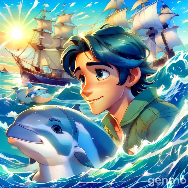 a boy and a dolphin in the ocean with a ship in the background