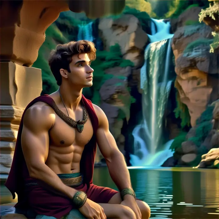 a man sitting on a rock next to a waterfall