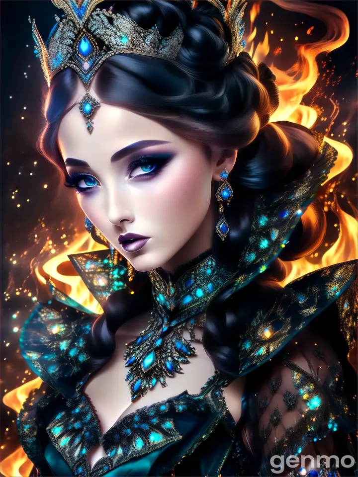 a woman wearing a tiara with fire in the background