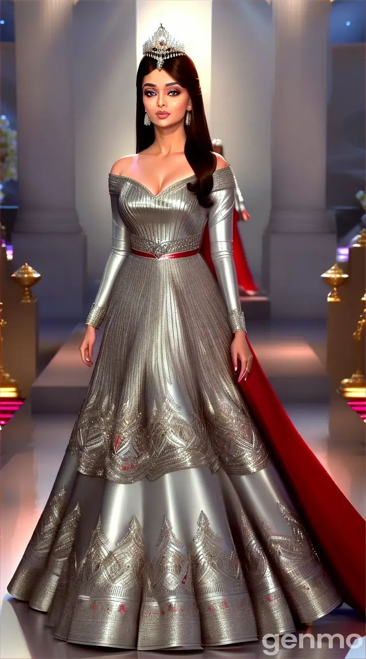 “Aishwarya Rai Bollywood actress walking down the ramp in Miss World1994, in silver  and red short gown, beautiful perfect prominent exact features, hyperrealistic, 9:16 ratio, animated 3d, professional perfect video, should be exact features of Aishwarya Rai like eyes and nose everything should be 100% perfect” Seed: 10688260992304x1280Public