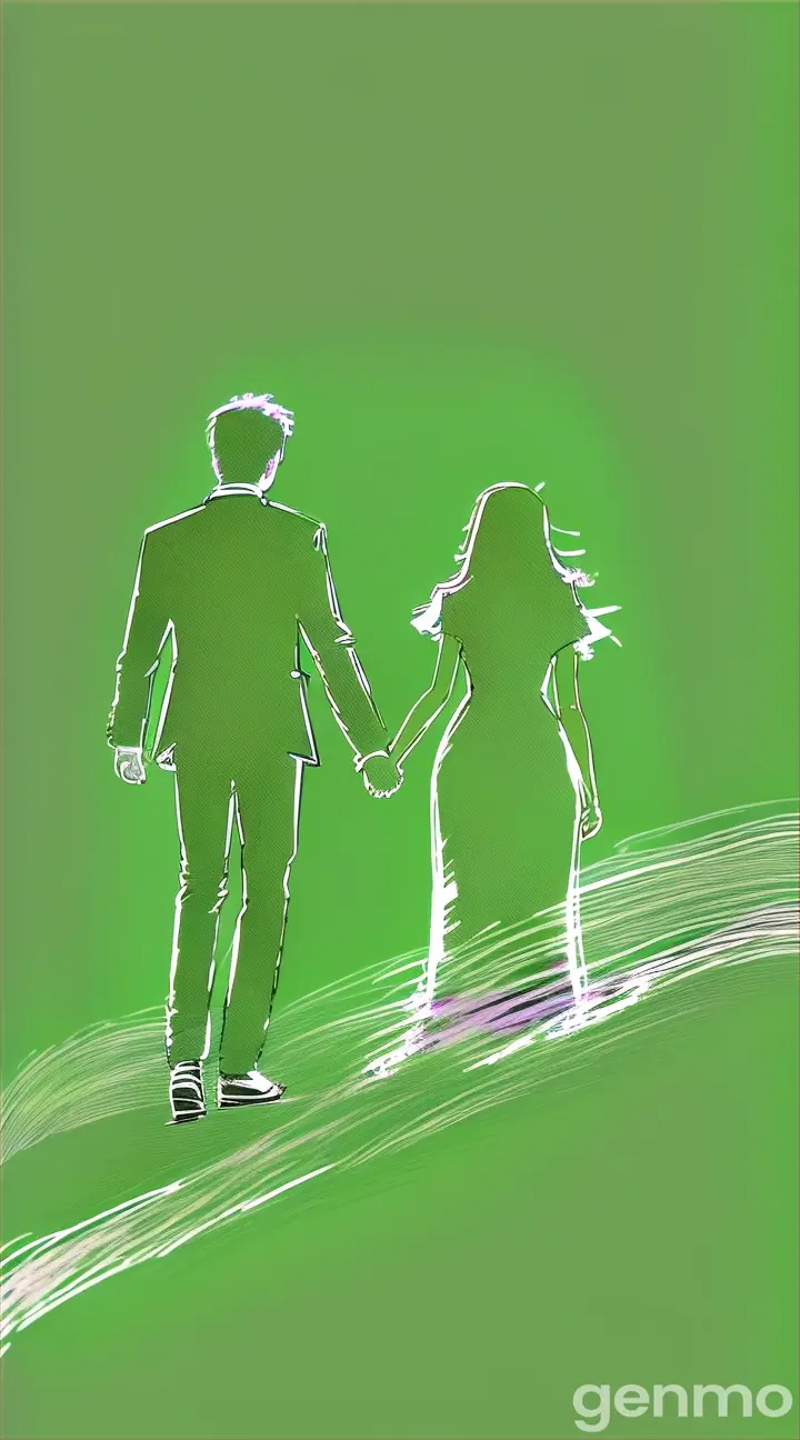 a drawing of a man and a woman holding hands, walking away, against greenscreen background