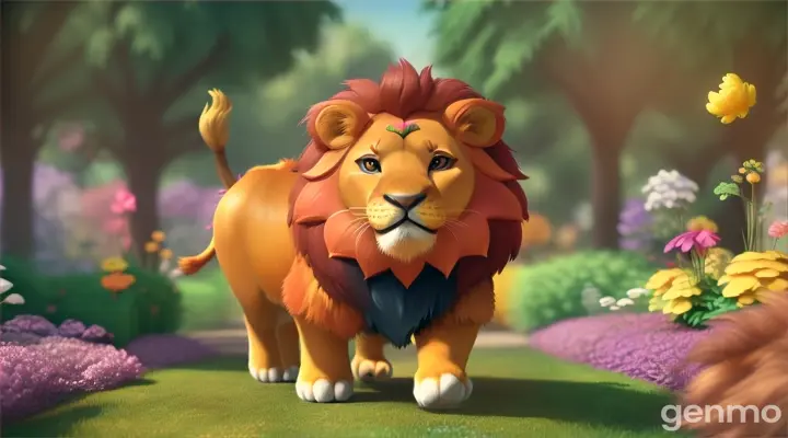 a 3d cartoon baby boss lion going to garden for  deer