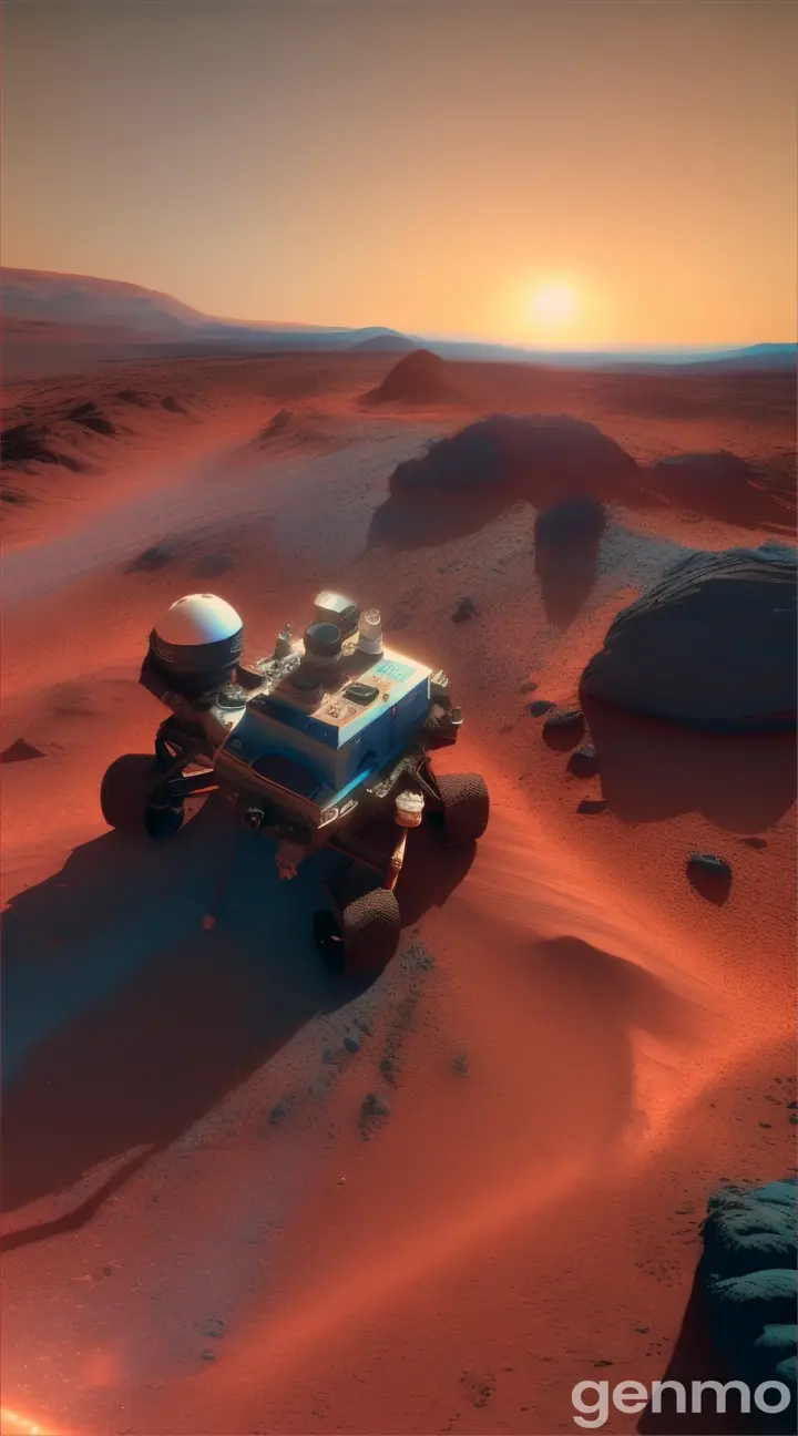 Cut to a Mars rover capturing a blue-tinted sunset