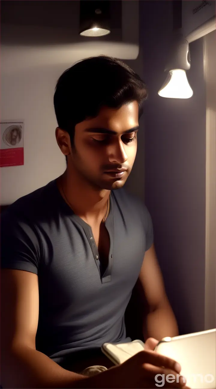 **A young man (Rahul) sitting in his dimly lit room at night, looking anxiously at his phone screen.**