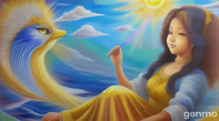 A woman looked at the sky. She made the sky deep and spacious by using different shades of blue. After this she drew yellow sun rays, which were seen gradually dissolving into blue.