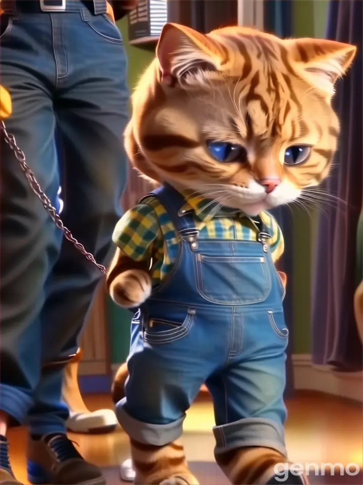 a cat in overalls is being walked by a man