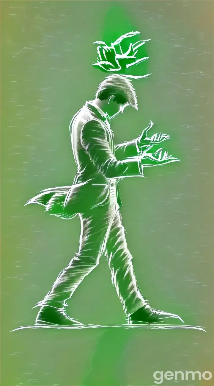 a drawing of a man with his hands outstretched, walking along, on a greenscreen