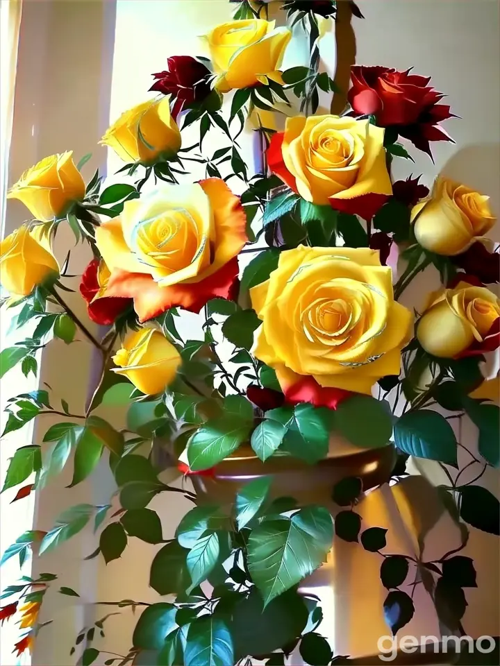 a vase filled with yellow and red roses