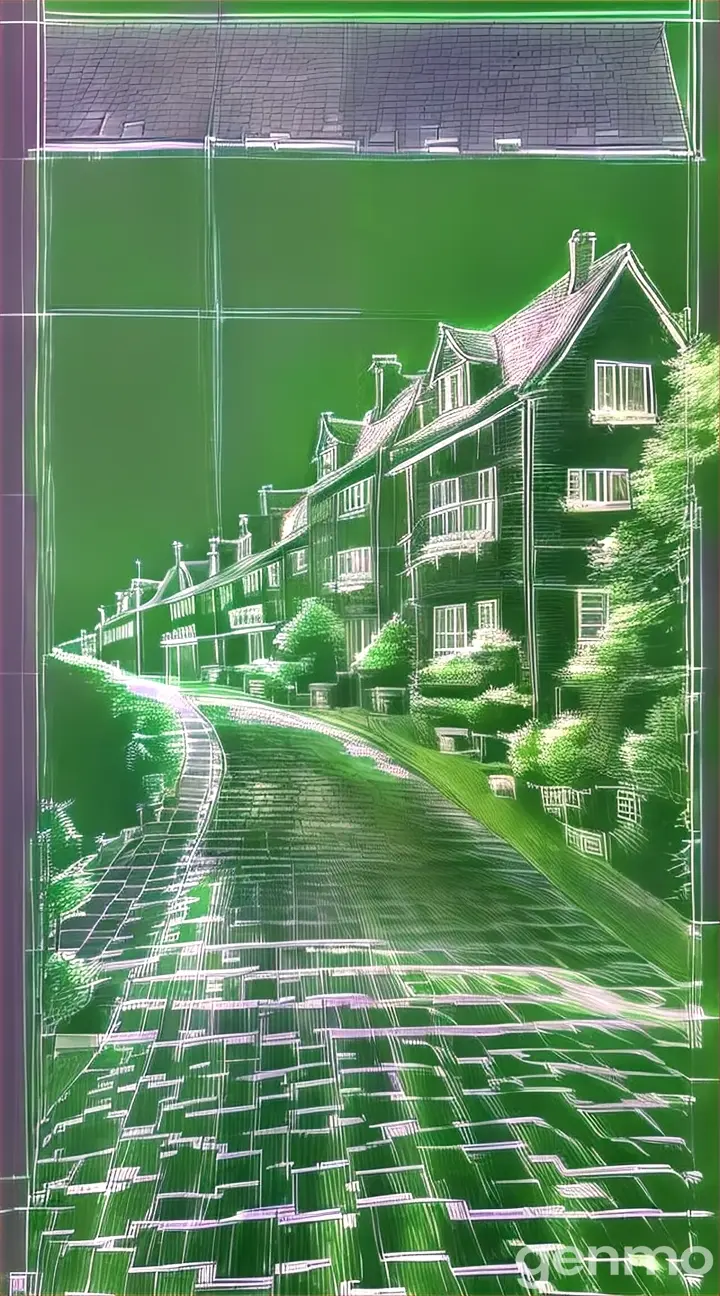 a drawing of a street with houses on a greenscreen