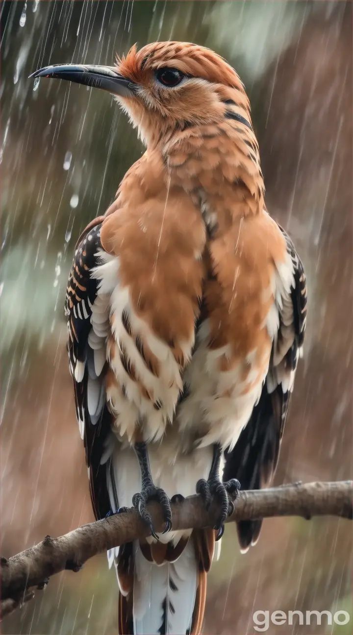A beautiful Hoopoe stands on a tree branch and gets wet in the rain HD video 
