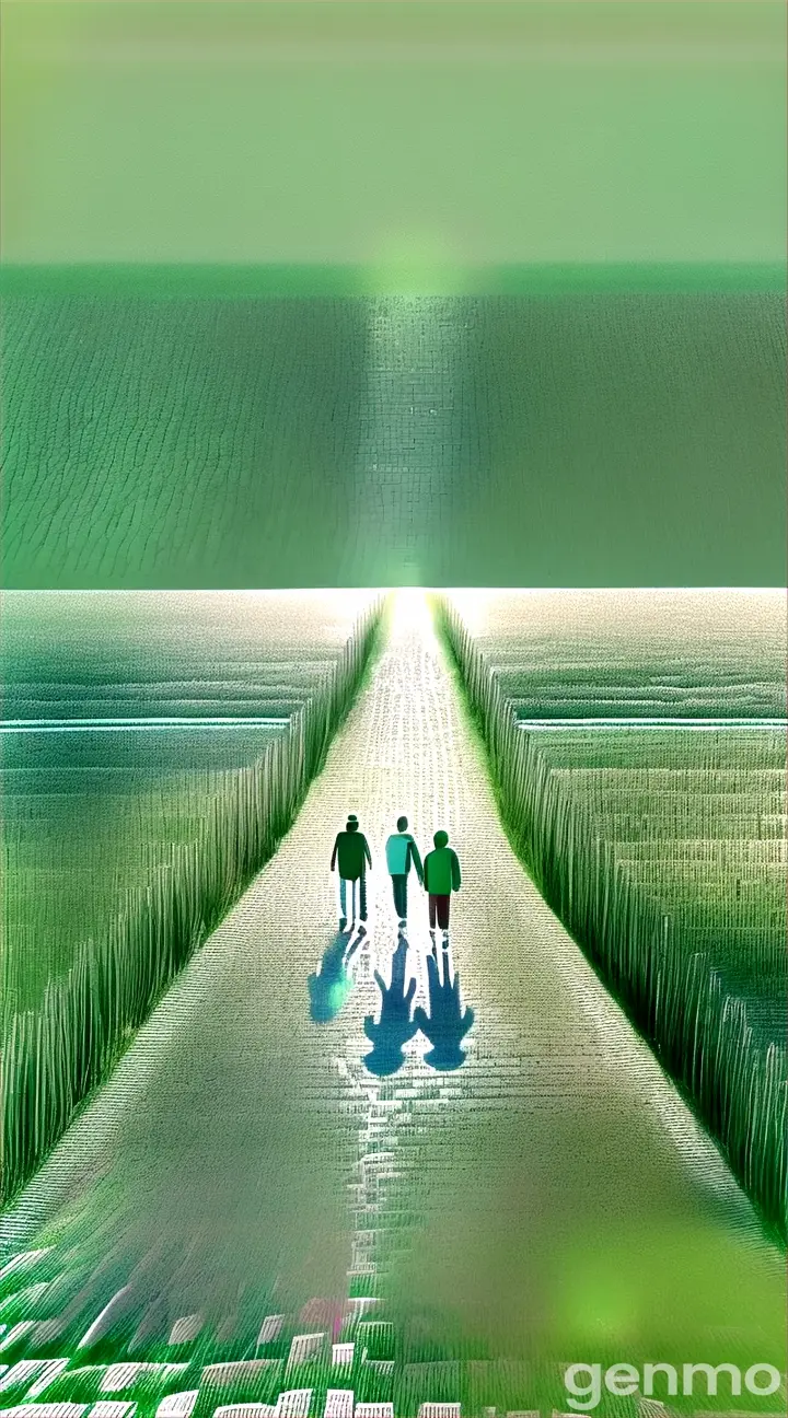 a group of people walking away towards the horizon down a brick road