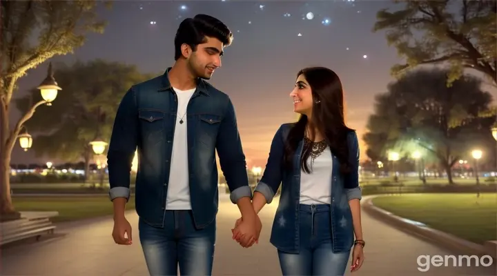 8k wide shot: The young Pakistani man and woman, both dressed in modern jeans and shirts, walk hand in hand through the park, eventually stopping to embrace under the starlit sky. The young Pakistani man whispers sweet nothings into her ear, and she smiles, feeling his love. The shot showcases the vastness of the landscape and the intimacy of their connection.