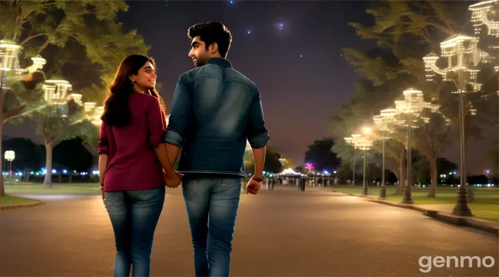 8k wide shot: The young Pakistani man and woman, both dressed in modern jeans and shirts, walk hand in hand through the park, eventually stopping to embrace under the starlit sky. The young Pakistani man whispers sweet nothings into her ear, and she smiles, feeling his love. The shot showcases the vastness of the landscape and the intimacy of their connection.