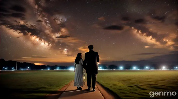 8k wide shot: The young Pakistani man and woman, both dressed in modern jeans and shirts, walk hand in hand through the park, eventually stopping to embrace under the starlit sky. The young Pakistani man whispers sweet nothings into her ear, and she smiles, feeling his love. The shot showcases the vastness of the landscape and the intimacy of their connection.