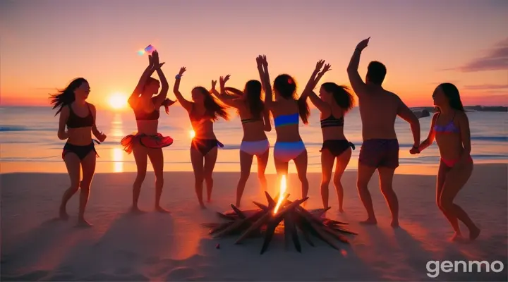 Group of friends at a beach bonfire, energetic and warm mood, photo