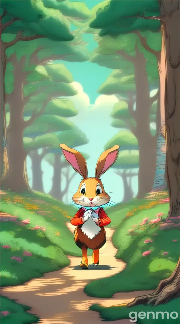 playful cartoon of a rabbit running in a forest in 9:16 ratio”