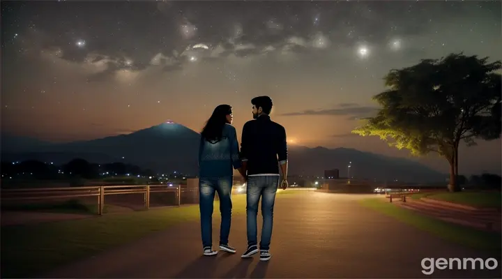 8k wide shot: The young Pakistani man and woman, both dressed in modern jeans and shirts, walk hand in hand through the park, eventually stopping to embrace under the starlit sky. The young Pakistani man whispers sweet nothings into her ear, and she smiles, feeling his love. The shot showcases the vastness of the landscape and the intimacy of their connection.