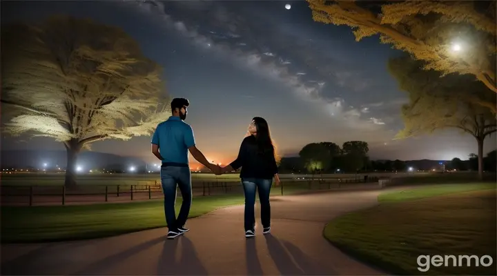 8k wide shot: The young Pakistani man and woman, both dressed in modern jeans and shirts, walk hand in hand through the park, eventually stopping to embrace under the starlit sky. The young Pakistani man whispers sweet nothings into her ear, and she smiles, feeling his love. The shot showcases the vastness of the landscape and the intimacy of their connection.