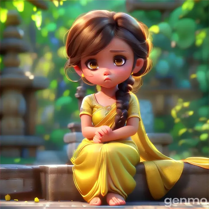 a small cute girl wearing light yellow saree  and yellow  blouse and braid  sitting sadly in garden  3D animation cartoon  zoom in 