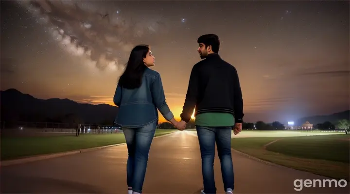 8k wide shot: The young Pakistani man and woman, both dressed in modern jeans and shirts, walk hand in hand through the park, eventually stopping to embrace under the starlit sky. The young Pakistani man whispers sweet nothings into her ear, and she smiles, feeling his love. The shot showcases the vastness of the landscape and the intimacy of their connection.