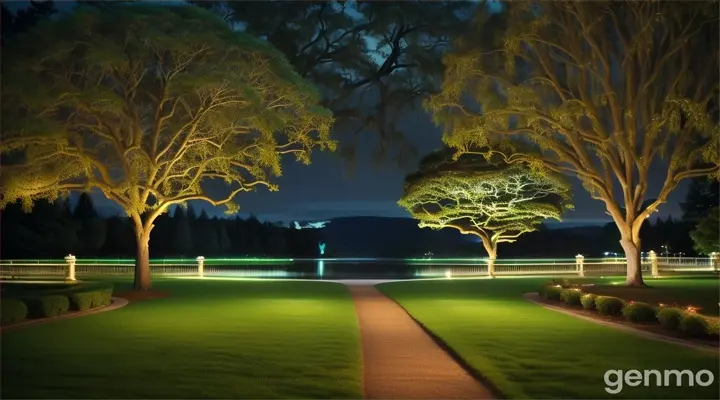 A lush, expansive park at night with well-maintained lawns and a variety of tall trees providing a serene backdrop. The park's pathways are gently illuminated by soft, ambient lighting, casting a warm glow on the surroundings. The sky above is clear, adorned with a blanket of twinkling stars that create a magical atmosphere. In the distance, a shimmering lake reflects the starlight, adding to the tranquil setting. The air is calm, with a gentle breeze rustling the leaves, and the distant sound of crickets chirping completes the peaceful ambiance. Benches are scattered throughout, and a few couples are seen enjoying the night, adding a touch of romance to the scene.