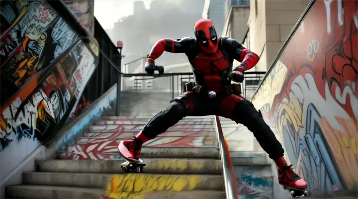 action:Deadpool skateboarding down a long stair railing.