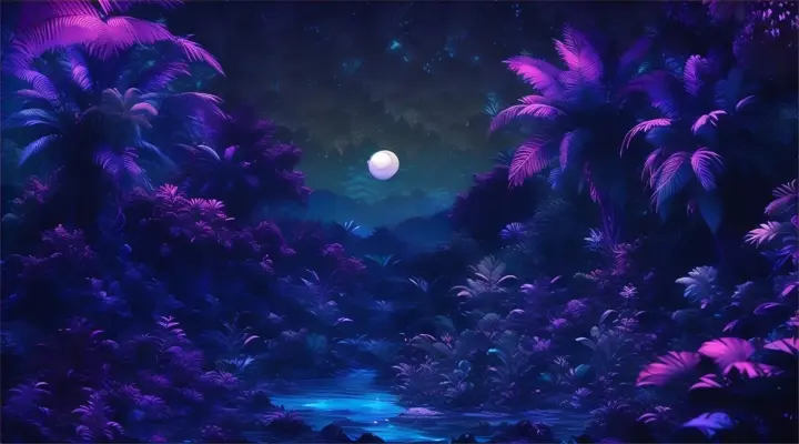 a river surrounded by palm trees under a night sky