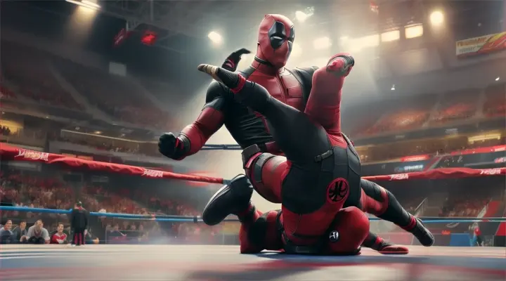 action:Deadpool in a wrestling ring, doing a spectacular move.