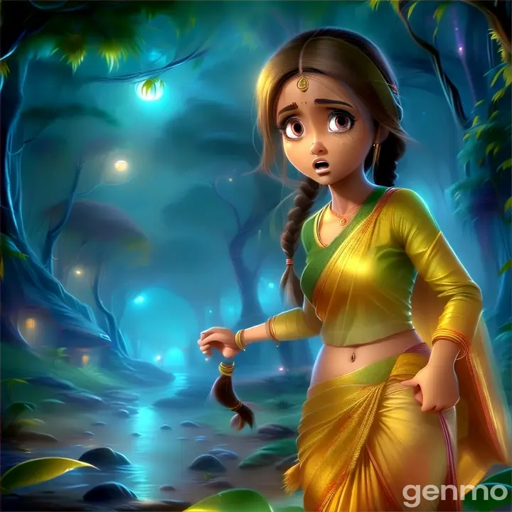 a worried  beautiful  girl wearing light yellow saree  and yellow  blouse and braid walking  in jungle   at night  3D animation cartoon 