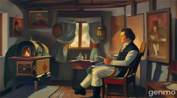 Young Decembrist Pushkin sits near Kutuzov in a painting in a room of a village hut with a stove. Artist I.V. Gudovsky. Large lens. 16:9