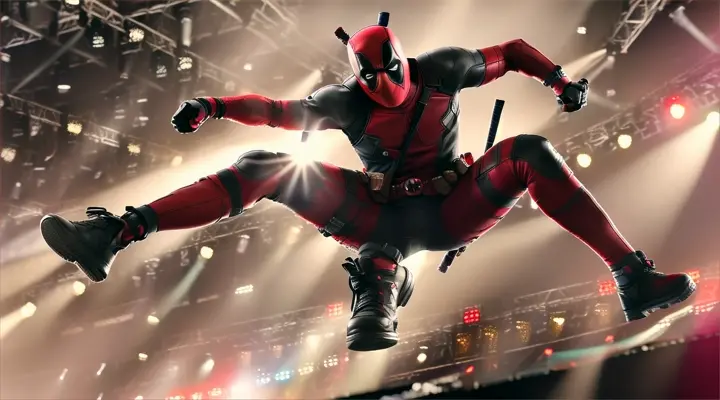 action:Deadpool at a rock concert, stage diving.