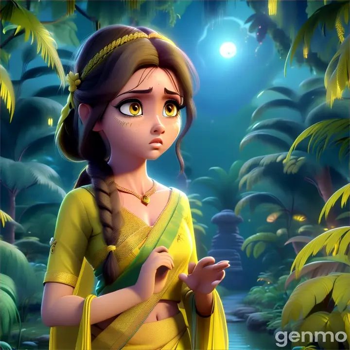 a worried  beautiful  girl wearing light yellow saree  and yellow  blouse and braid walking  in jungle   at night  looking at her palm  3D animation cartoon  zom out 