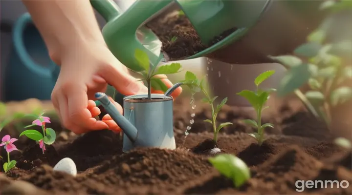 Display a tiny seed in the soil. Show a child planting the seed and watering it.