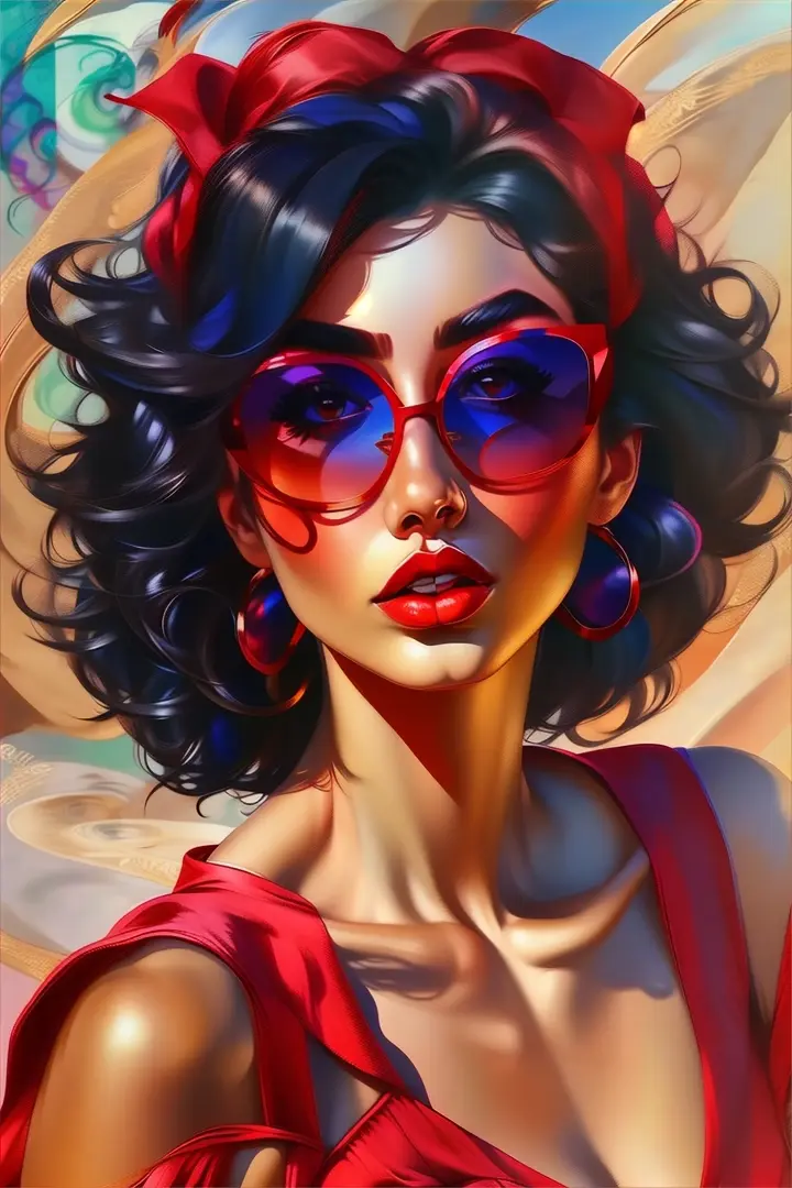 a painting of a woman wearing sunglasses and a red dress