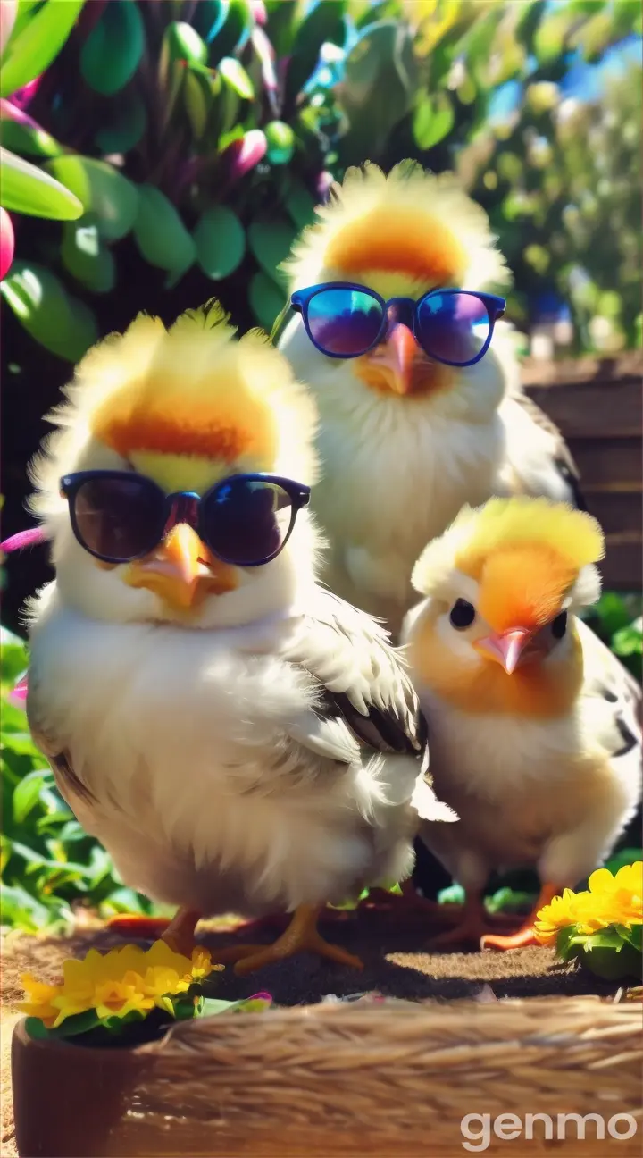 three hen  chiks waering sunglases these chiks are playing garden