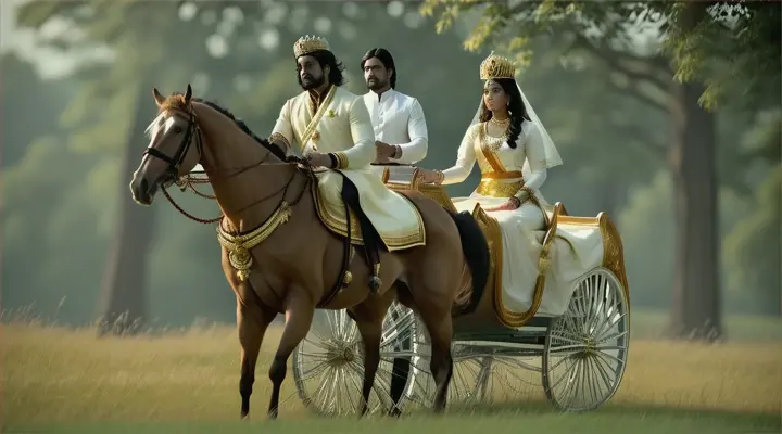 Create a cinematic,  ultra realistic video of  south indian king thin lean thin body, dark brown skin  ,  Messy Brushed Up Hair,Full sleeve white king dress without crown, with queen Short Sides with Long Angular Comb Over hair , chubby body,gold with diamond necklace,with full sleeve white and silk  saree with full sleeve white with silk jacket , both coming in   horse chariot in high speed grass lawn near from forest,both having long sword on their right hand, drone shot 