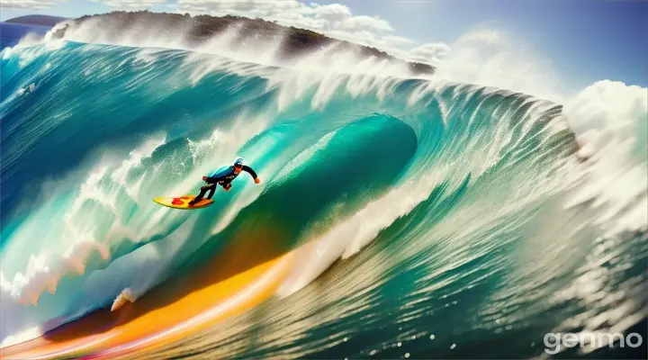 a surfer riding a huge wave, going through the tube