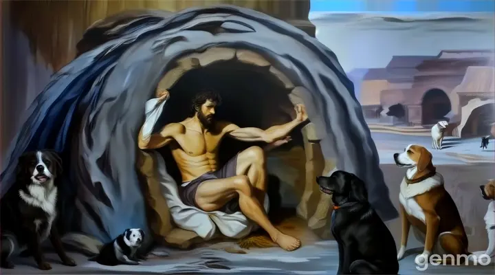 a painting of a man sitting in a cave surrounded by dogs