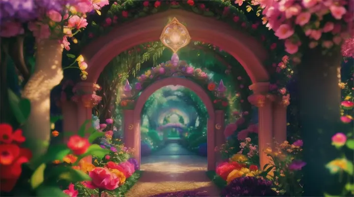 A keyhole leading to a magical garden full of vibrant, glowing flowers