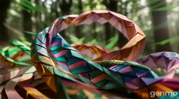 2 paper origami intertwined snakes in forest  