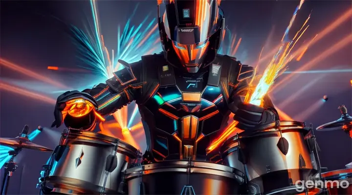 A futuristic metal drummer on a neon-lit stage, their metal drum emitting a fiery plasma beam